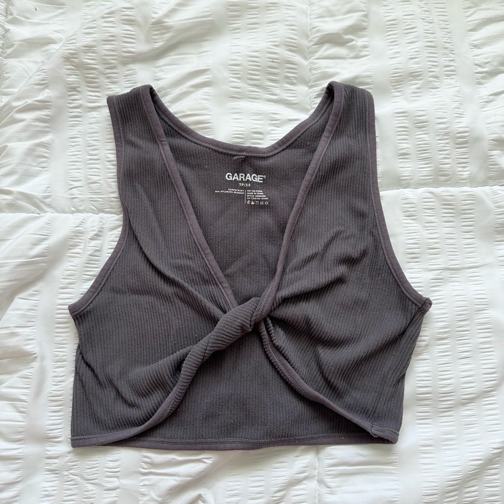 Garage Gray Sleeveless Tie Front Crop Tank